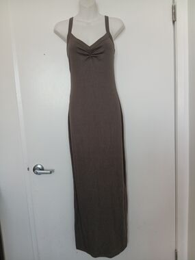 wild fable Olive-Brown Ribbed Maxi Dress with V-Neck